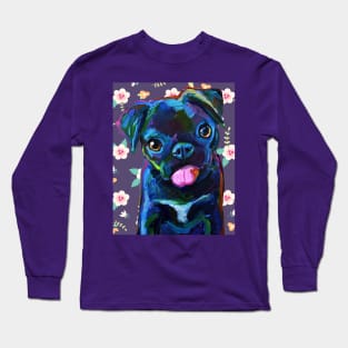 Cute BLACK PUG PUPPY with Vintage Flowers by Robert Phelps Long Sleeve T-Shirt